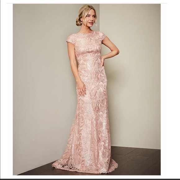 NWT Tadashi Shoji Sequin Floral Lace Off-the-Shoulder Cap Sleeve A-Line Gown - Picture 4 of 16